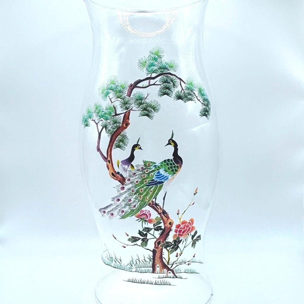 Vintage Peacock Hurricane Lamp Shade Chimney Glass L.E. Smith Cottage Floral - Picture 8 of 11